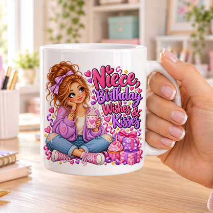Niece Birthday Wishes and Kisses birthday design – plain white ceramic mug