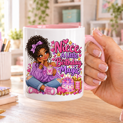 Niece a Little Birthday Magic birthday design – white ceramic mug with pink handle and pink inside