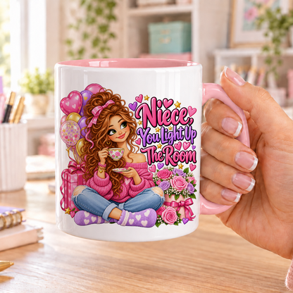Niece You Light Up the Room birthday design – white ceramic mug with pink handle and pink inside