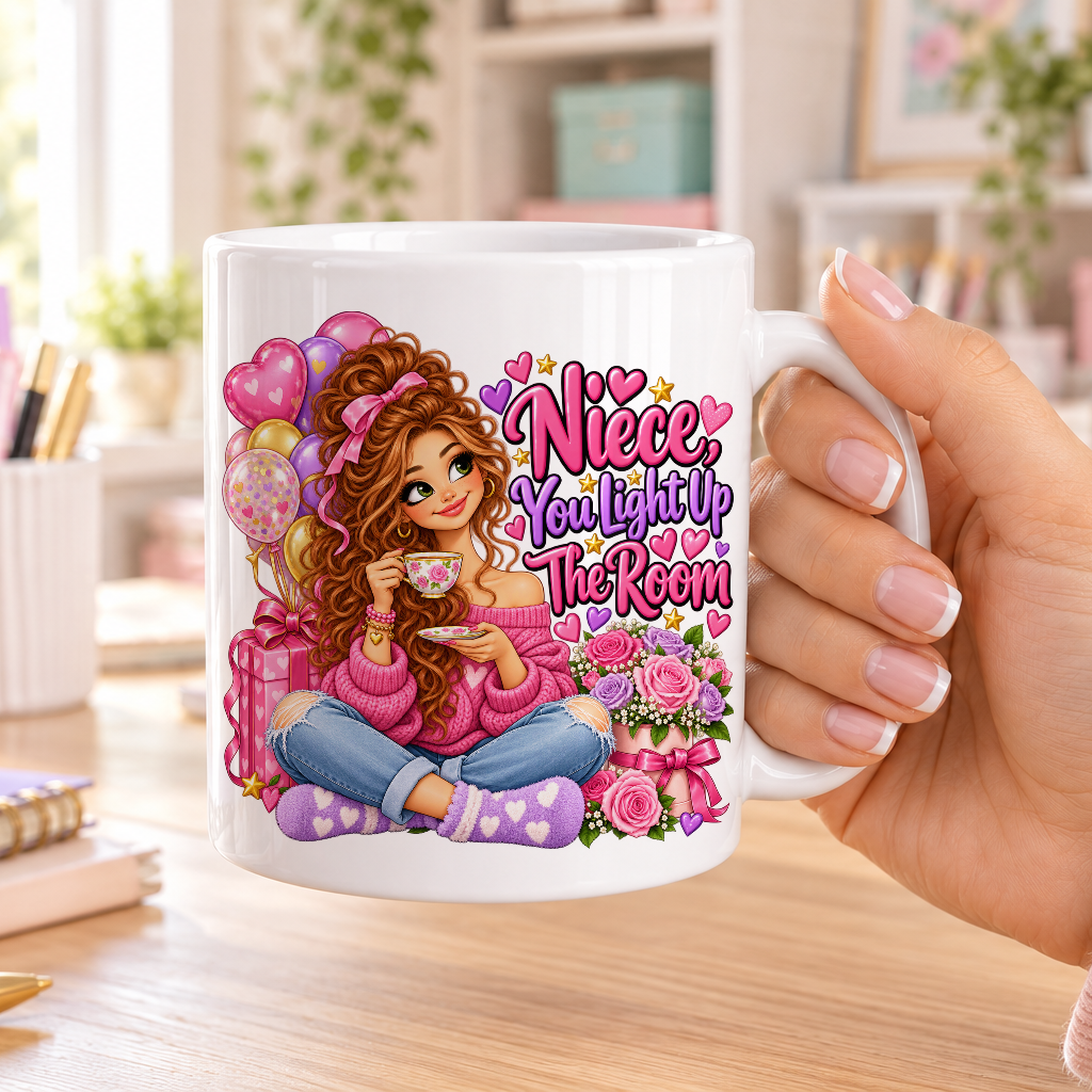 Niece You Light Up the Room birthday design – plain white ceramic mug
