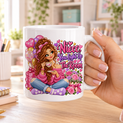 Niece You Light Up the Room birthday design – plain white ceramic mug