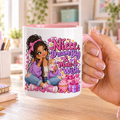 Niece Dream Big and Make a Wish birthday design – white ceramic mug with pink handle and pink inside