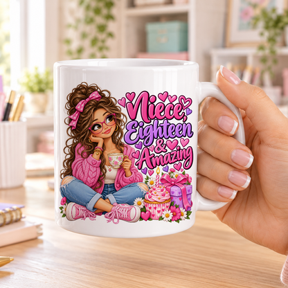 Niece Eighteen and Amazing birthday design – plain white ceramic mug