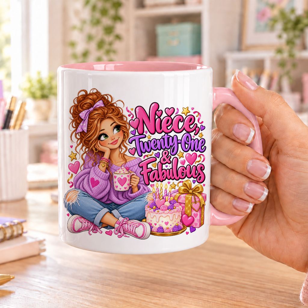 Niece Twenty-One and Fabulous birthday design – white ceramic mug with pink handle and pink inside