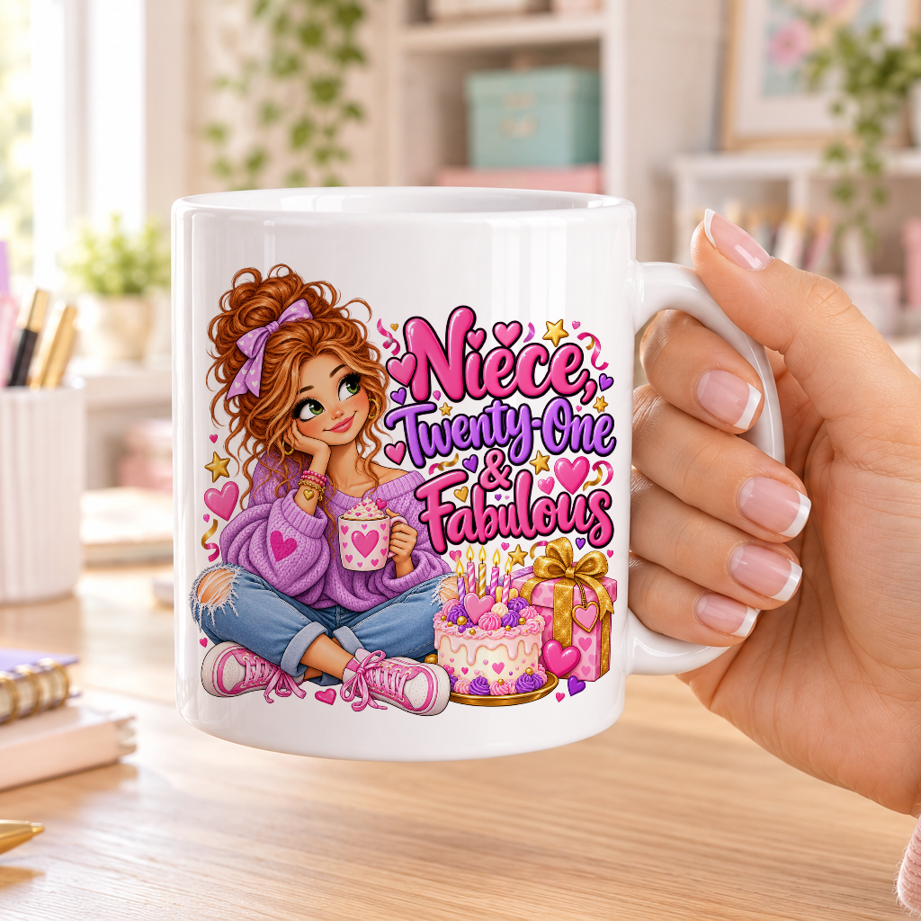 Niece Twenty-One and Fabulous birthday design – plain white ceramic mug