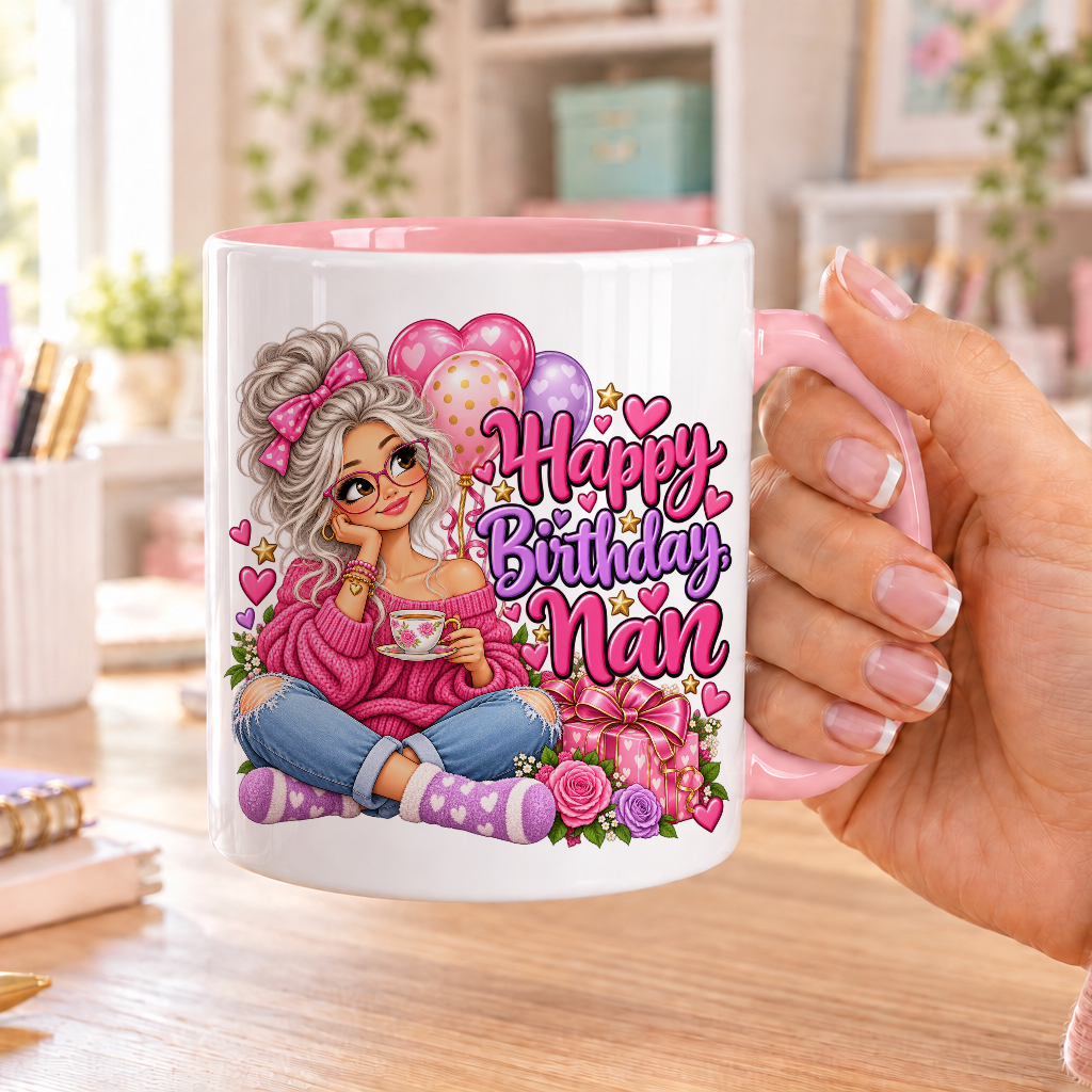 Happy Birthday Nan birthday design – white ceramic mug with pink handle and pink inside