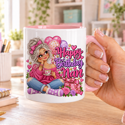 Happy Birthday Nan birthday design – white ceramic mug with pink handle and pink inside