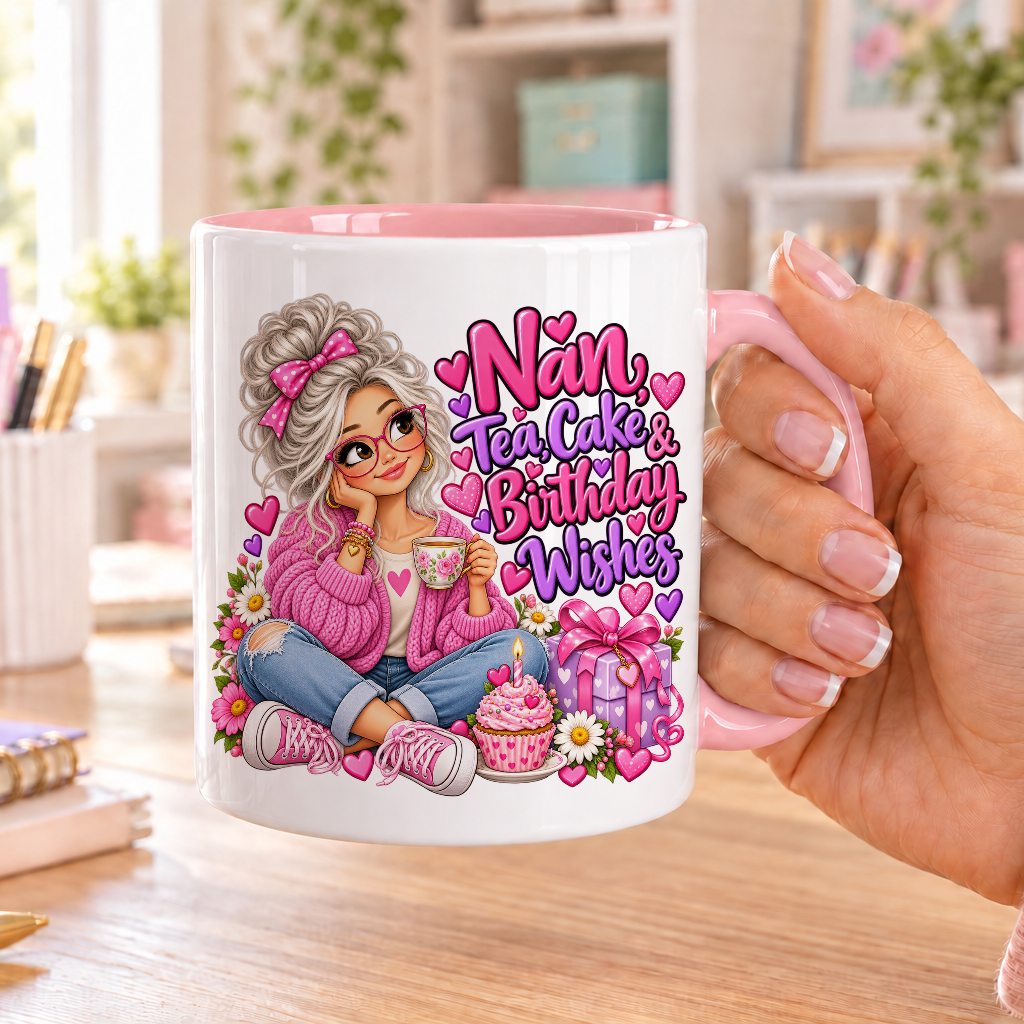 Nan Tea Cake and Birthday Wishes birthday design – white ceramic mug with pink handle and pink inside