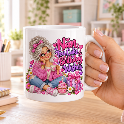 Nan Tea Cake and Birthday Wishes birthday design – plain white ceramic mug