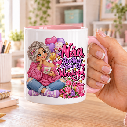 Nan Another Year of Wonderful birthday design – white ceramic mug with pink handle and pink inside