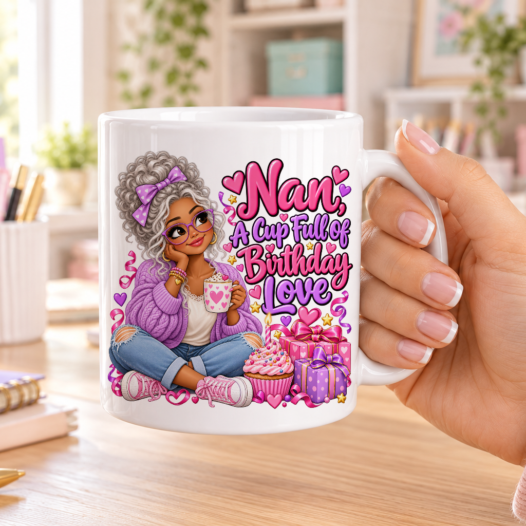 Nan a Cup Full of Birthday Love birthday design – plain white ceramic mug