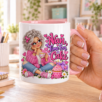 Nan Time for Cake birthday design – white ceramic mug with pink handle and pink inside