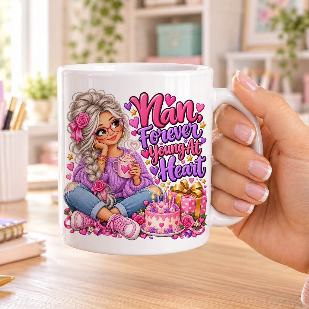 Nan Forever Young at Heart birthday design – plain white ceramic mug