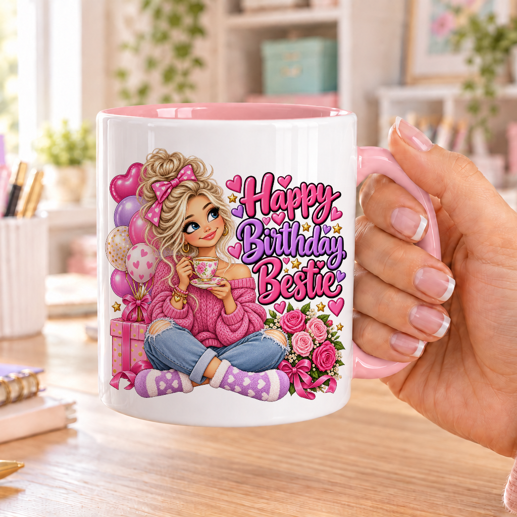 Happy Birthday Bestie birthday design – white ceramic mug with pink handle and pink inside
