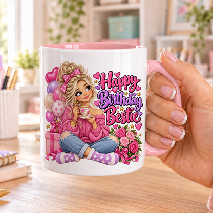 Happy Birthday Bestie birthday design – white ceramic mug with pink handle and pink inside