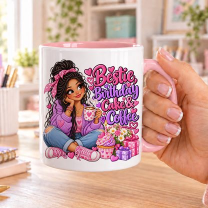 Bestie Birthday Cake and Coffee birthday design – white ceramic mug with pink handle and pink inside