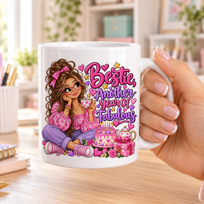 Bestie Another Year of Fabulous birthday design – plain white ceramic mug