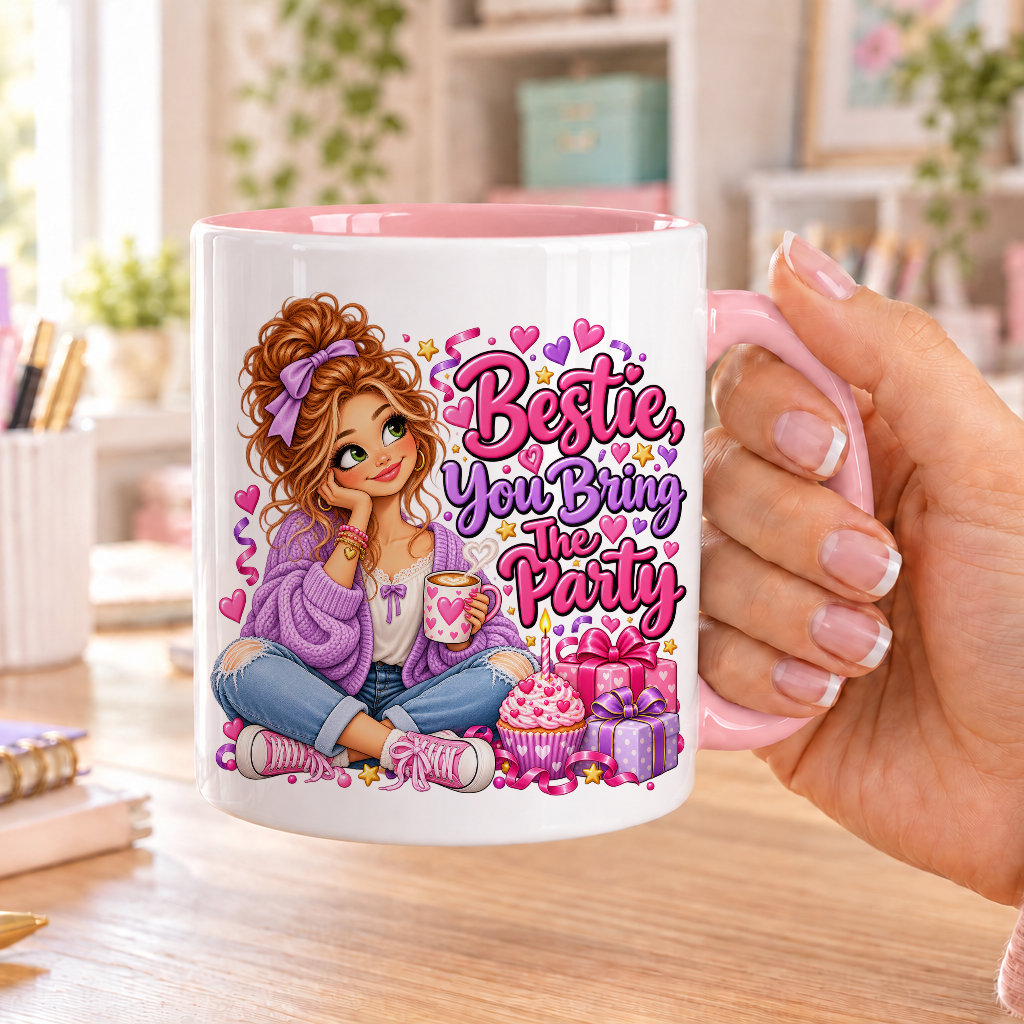 Bestie You Bring the Party birthday design – white ceramic mug with pink handle and pink inside