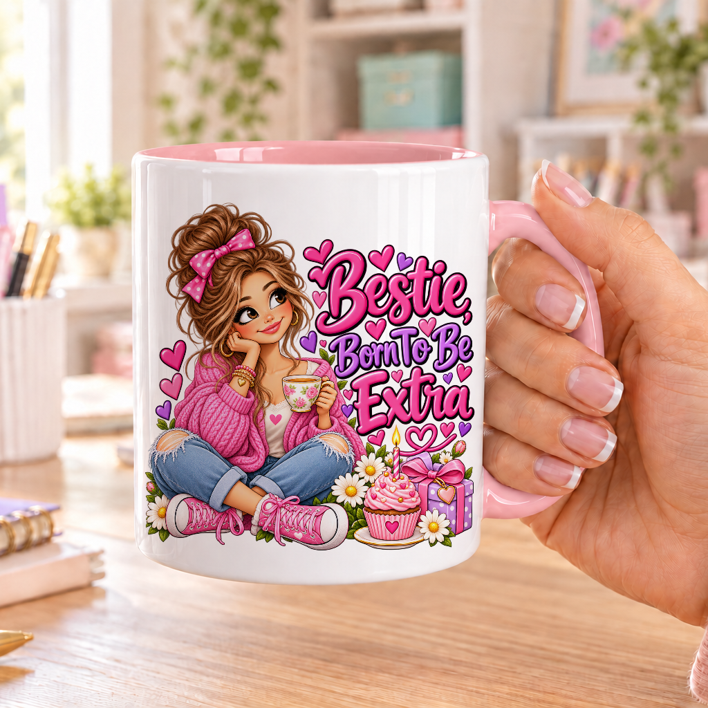 Bestie Born to Be Extra birthday design – white ceramic mug with pink handle and pink inside