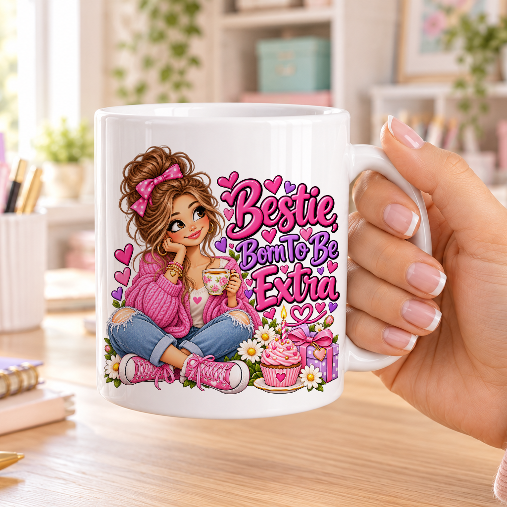 Bestie Born to Be Extra birthday design – plain white ceramic mug