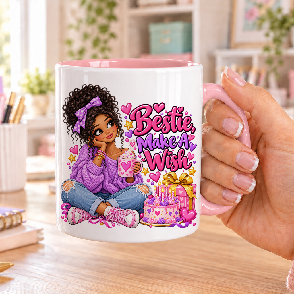 Bestie Make a Wish birthday design – white ceramic mug with pink handle and pink inside