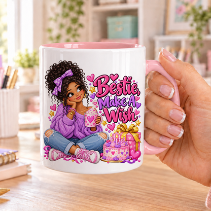 Bestie Make a Wish birthday design – white ceramic mug with pink handle and pink inside