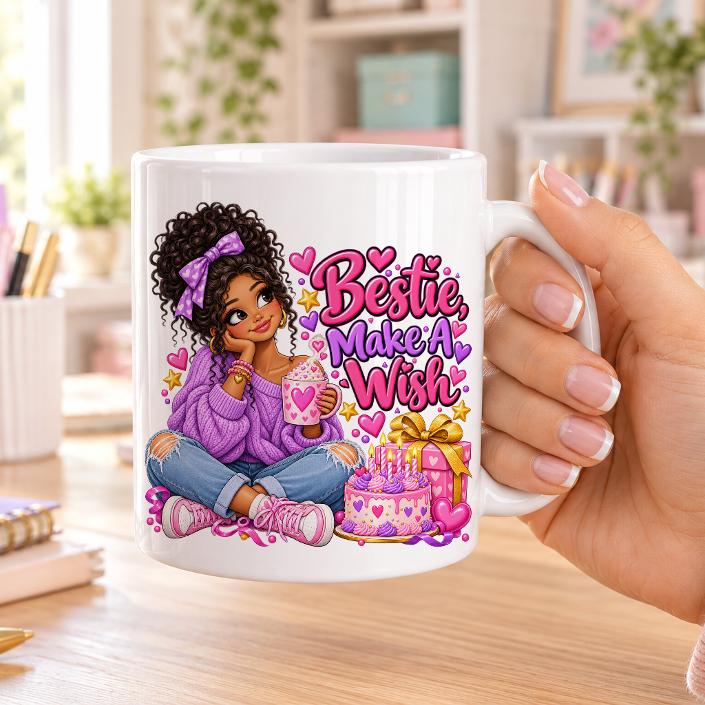 Bestie Make a Wish birthday design – plain white ceramic mug