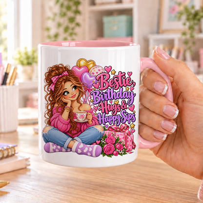 Bestie Birthday Hugs and Happy Sips birthday design – white ceramic mug with pink handle and pink inside