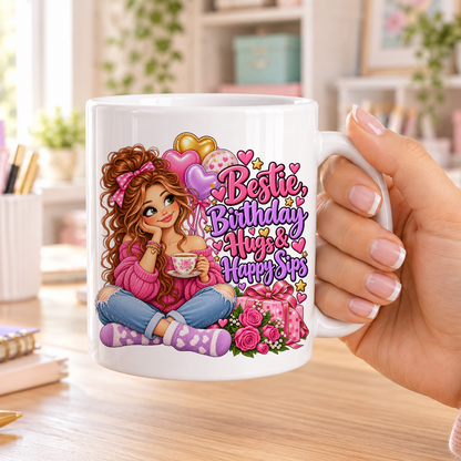 Bestie Birthday Hugs and Happy Sips birthday design – plain white ceramic mug