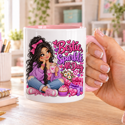 Bestie Sparkle All Day birthday design – white ceramic mug with pink handle and pink inside
