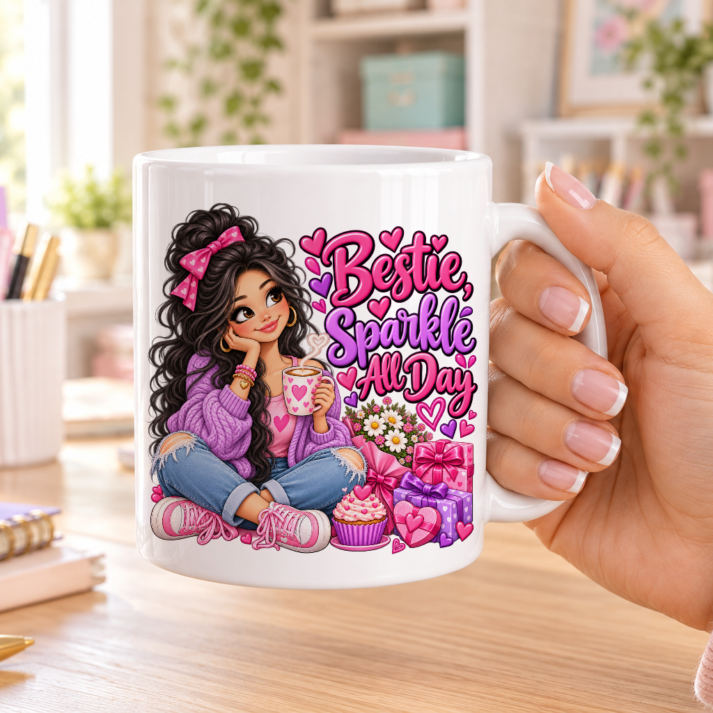 Bestie Sparkle All Day birthday design – plain white ceramic mug
