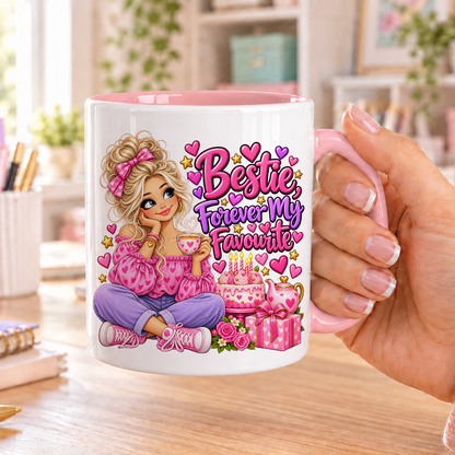 Bestie Forever My Favourite birthday design – white ceramic mug with pink handle and pink inside