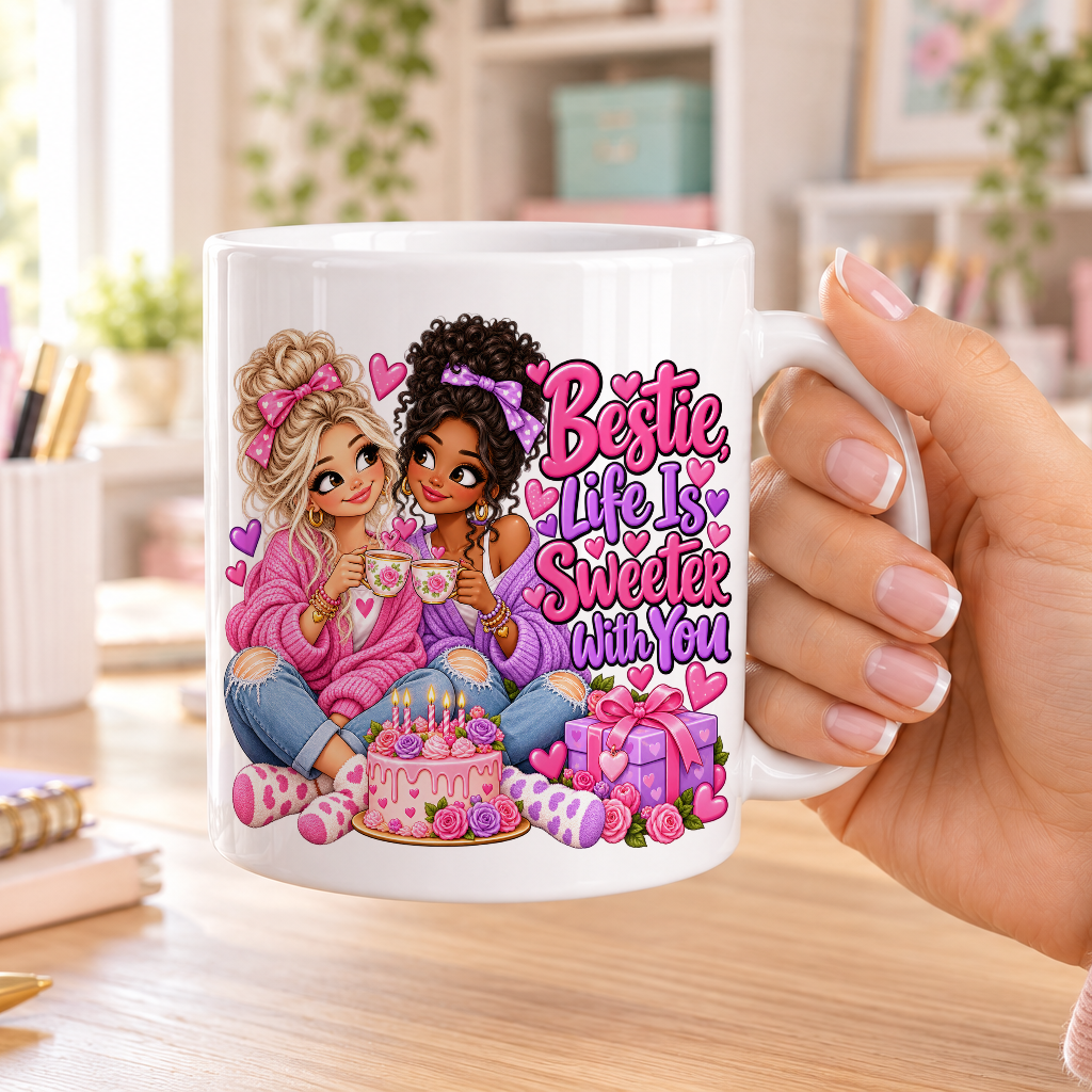 Bestie Life Is Sweeter with You birthday design – plain white ceramic mug