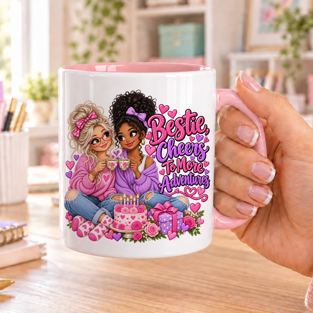 Bestie Cheers to More Adventures birthday design – white ceramic mug with pink handle and pink inside