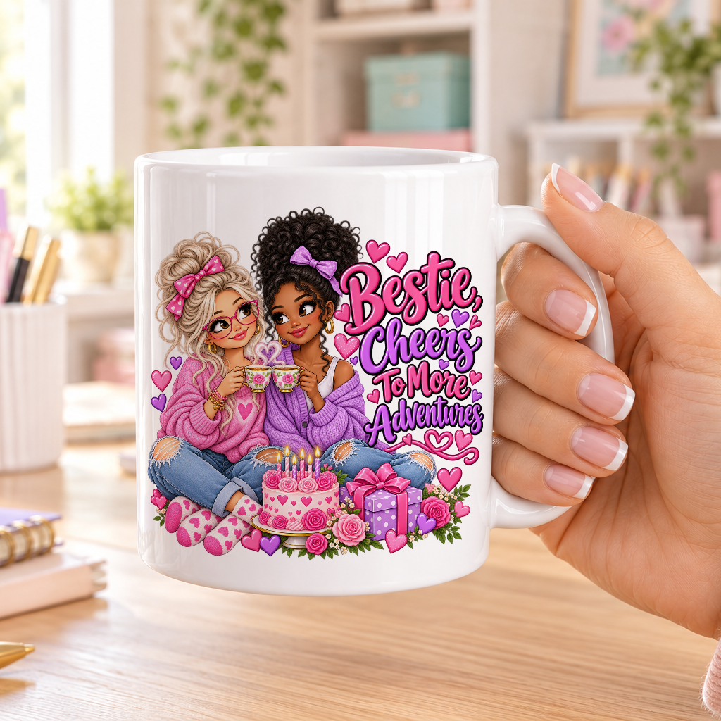 Bestie Cheers to More Adventures birthday design – plain white ceramic mug