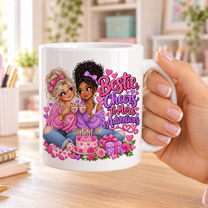 Bestie Cheers to More Adventures birthday design – plain white ceramic mug
