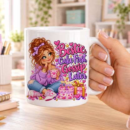 Bestie Cake First Gossip Later birthday design – plain white ceramic mug