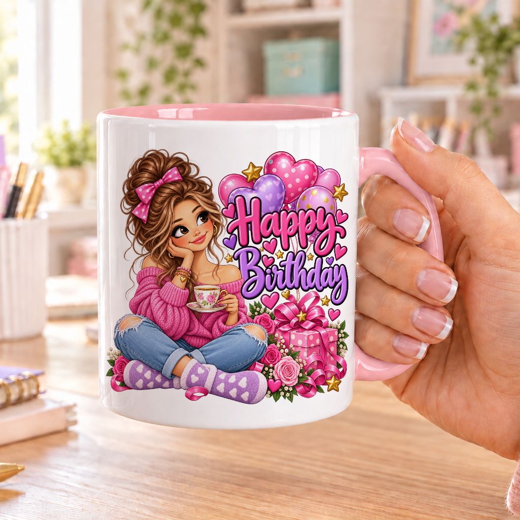 Happy Birthday birthday design – white ceramic mug with pink handle and pink inside