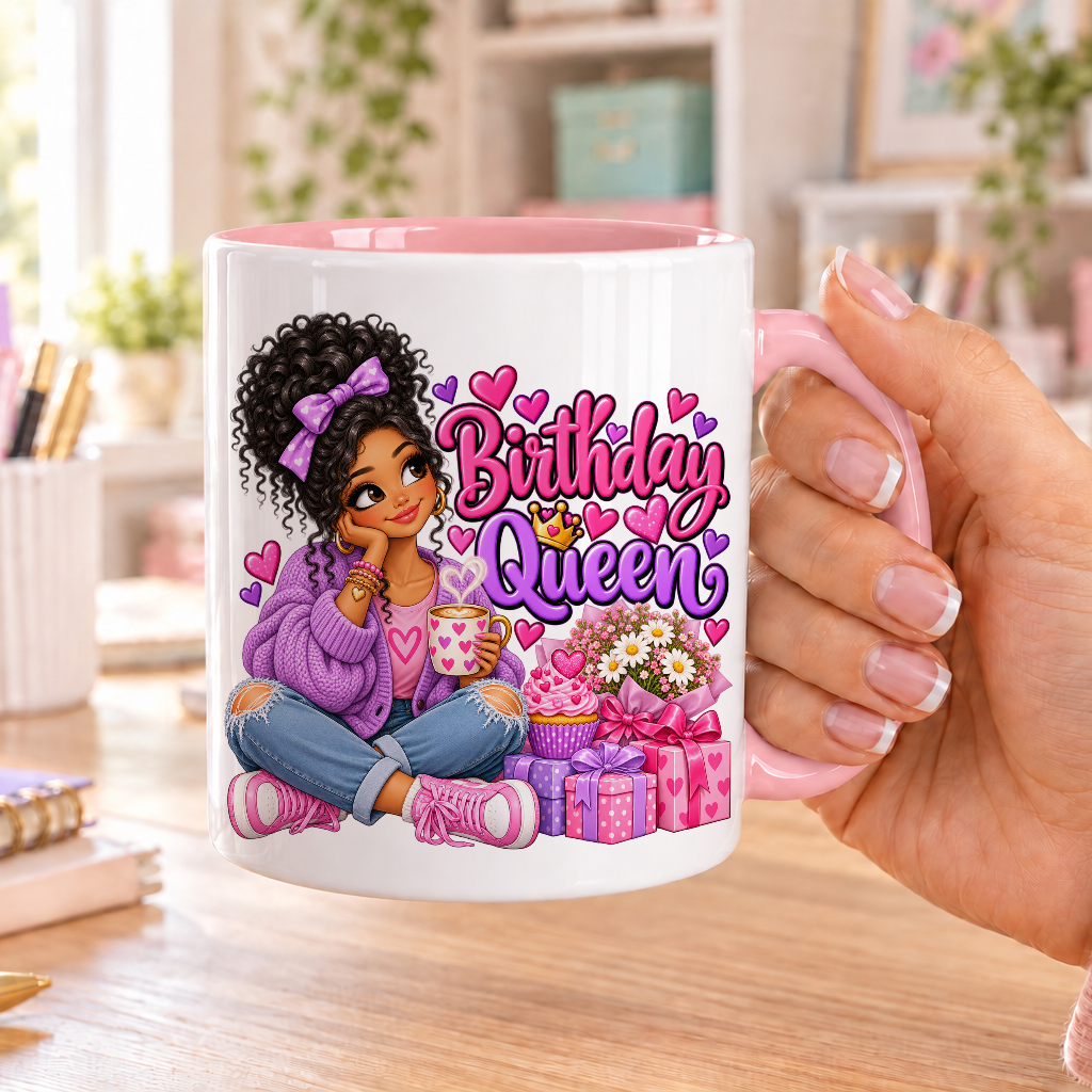 Birthday Queen birthday design – white ceramic mug with pink handle and pink inside