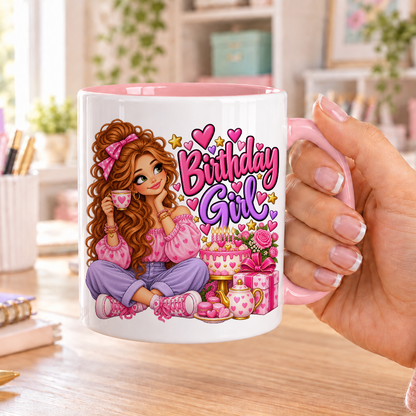 Birthday Girl birthday design – white ceramic mug with pink handle and pink inside