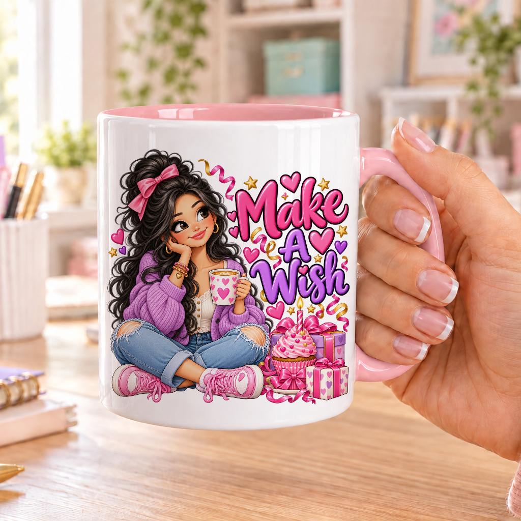 Make a Wish birthday design – white ceramic mug with pink handle and pink inside