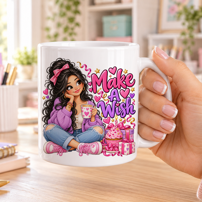 Make a Wish birthday design – plain white ceramic mug