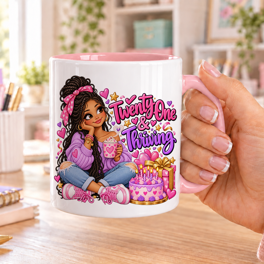 Twenty-One and Thriving birthday design – white ceramic mug with pink handle and pink inside