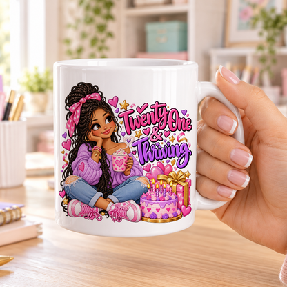 Twenty-One and Thriving birthday design – plain white ceramic mug