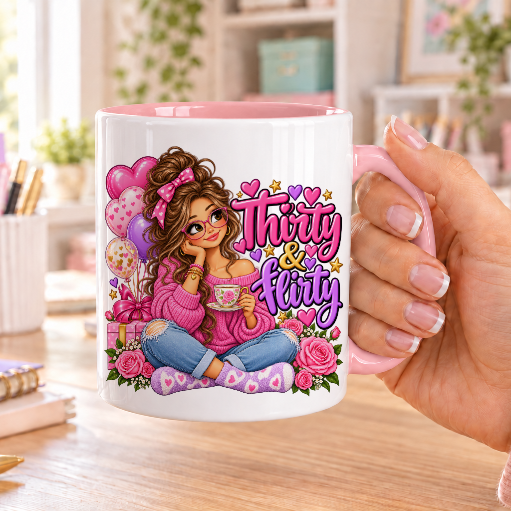 Thirty and Flirty birthday design – white ceramic mug with pink handle and pink inside