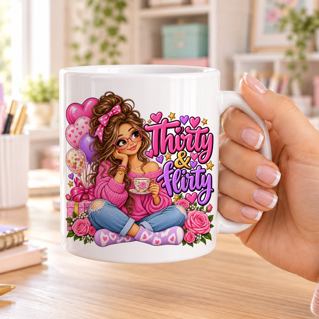 Thirty and Flirty birthday design – plain white ceramic mug