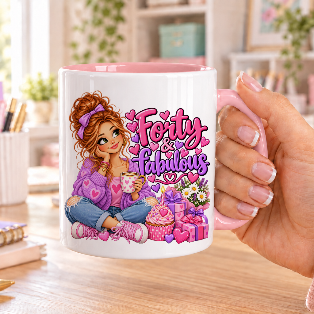 Forty and Fabulous birthday design – white ceramic mug with pink handle and pink inside