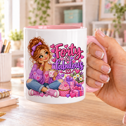 Forty and Fabulous birthday design – white ceramic mug with pink handle and pink inside
