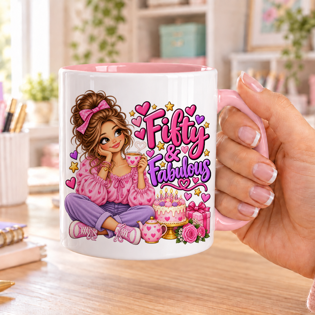 Fifty and Fabulous birthday design – white ceramic mug with pink handle and pink inside
