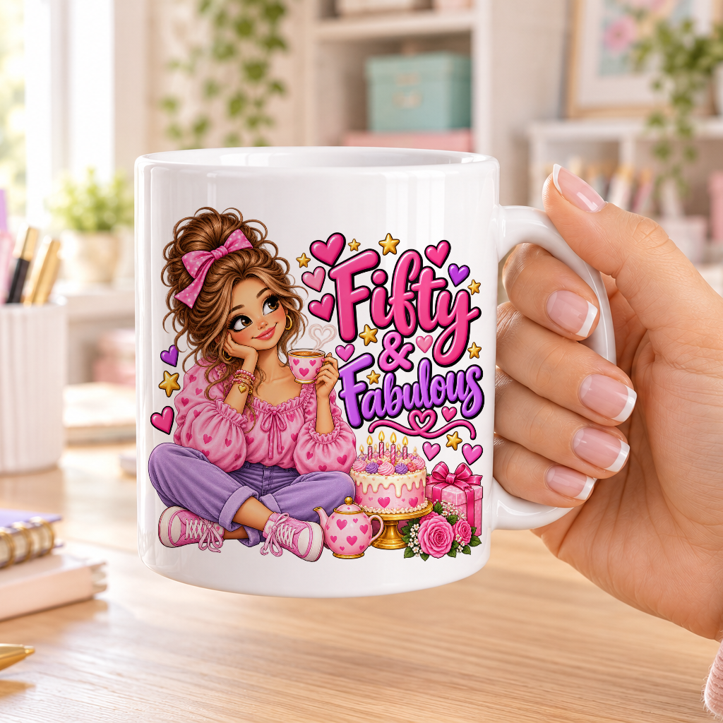 Fifty and Fabulous birthday design – plain white ceramic mug